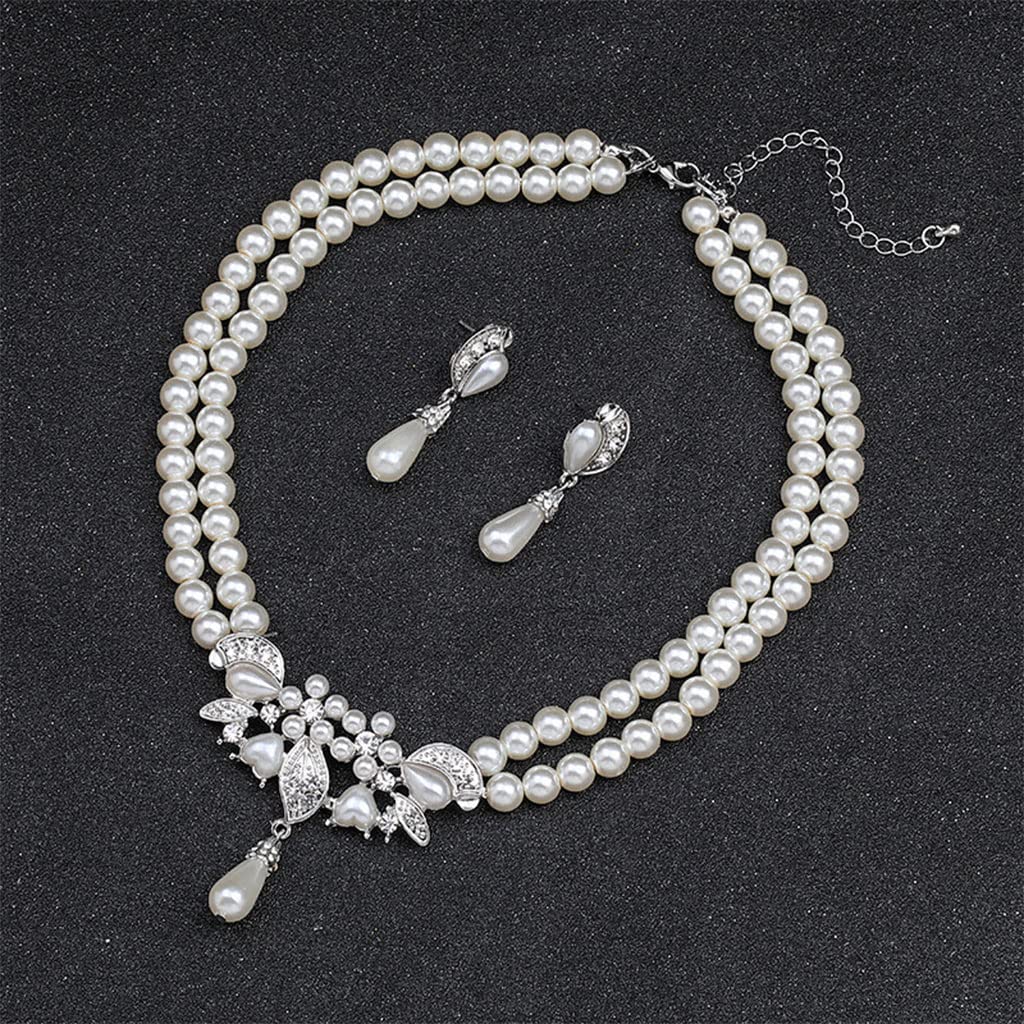 SANNIDHI Pearl Necklace Earrings Double Layer Faux Pearl Necklace Eardrop Set for Women Girls, Lady Pearl Pendent Necklace, Elegant Bridal Jewelry Set, Pearl Necklace Earrings Set for Banquet, Party SANNIDHI Pearl Necklace Earrings Double Layer Faux Pearl Necklace Eardrop Set for Women Girls, Lady Pearl Pendent Necklace, Elegant Bridal Jewelry Set, Pearl Necklace Earrings Set for Banquet, Party
